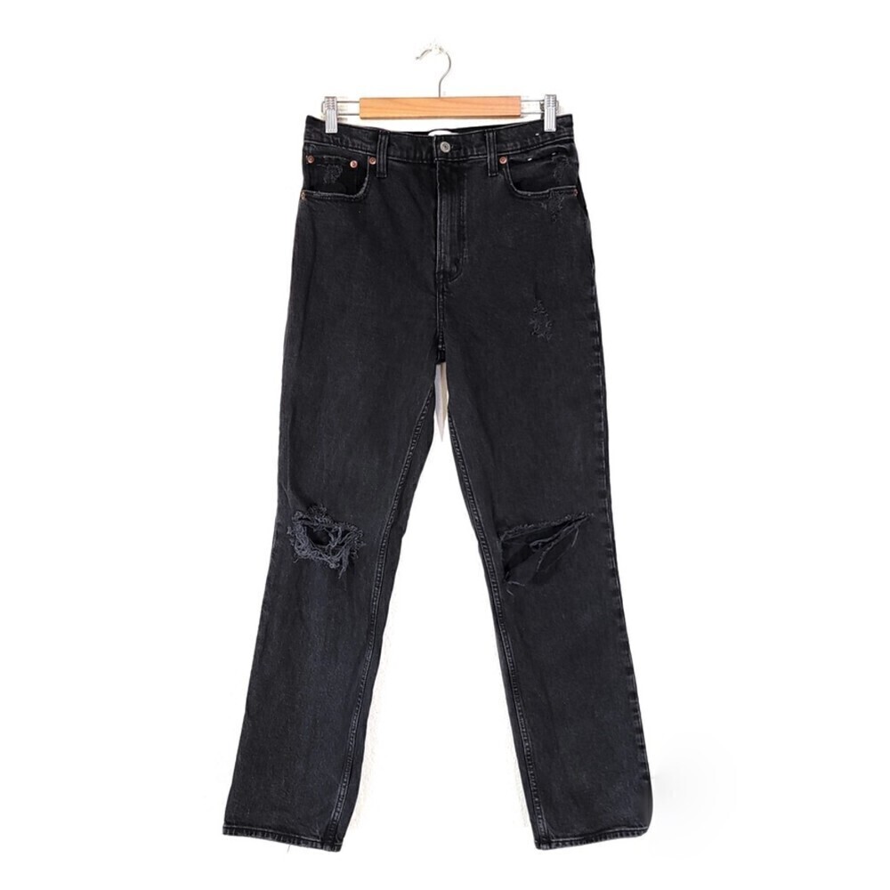 ABERCROMBIE 90s Straight Ultra High Rise Distressed Jean Black Destroy Grunge 28